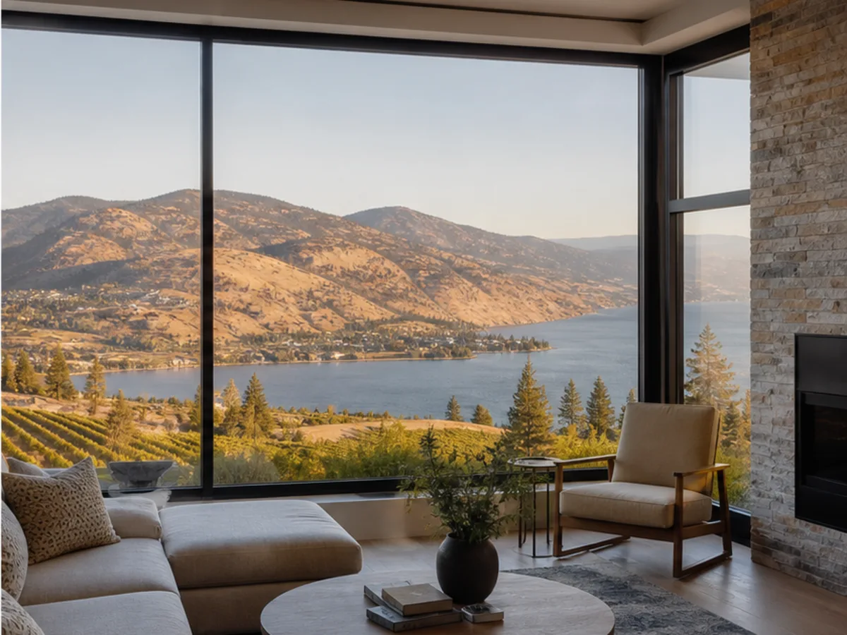 Clear picture window overlooking Okanagan lake and warm hills in Kelowna